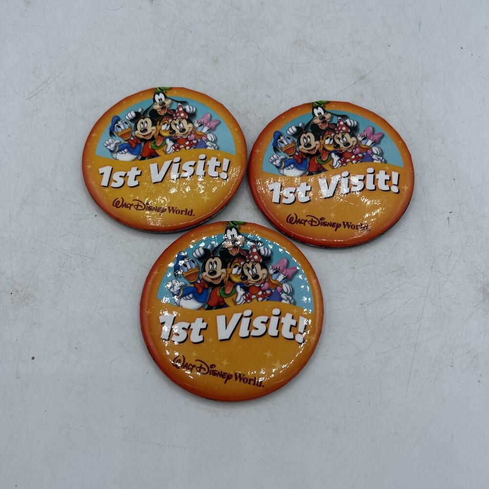 Walt Disney World WDW First 1st Visit Button Pin Badge Mickey Goofy Pluto 3” (3)